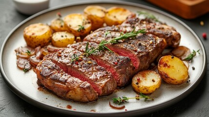 Juicy beef clipping with an appetizing fry, cut into portioned pieces, decorated with fresh twigs of rosemary. Nearby fried golden potato slices with crunching crust