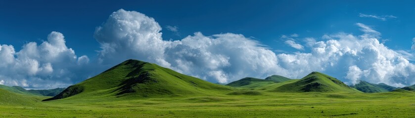 Obraz premium Green hills and meadow under blue sky with soft white clouds