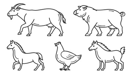 "Farm animal icon collection in line art, consistent stroke width, simple and stylized design, isolated on plain white, ideal for infographic use"