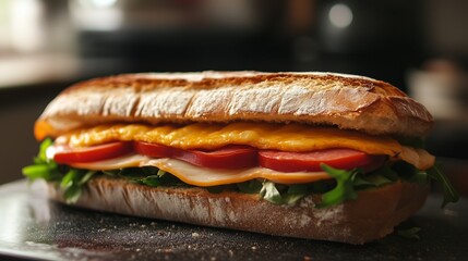 Appetizing baguette-sendwich with a crisp, filled with fresh ingredients: tomato slices melted cheese, green veins and thin pieces of ham.