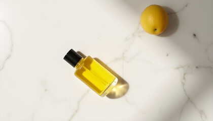 Lemon Essential oil , perfume bottle or skincare product bottle on a minimalist background with plants and floral decorations. Marble stone table. Sunlight with plant shadow. aromatherapy and spa