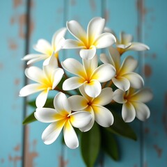 Naklejka premium Beautiful Plumeria Flowers on a Teal Wooden Background