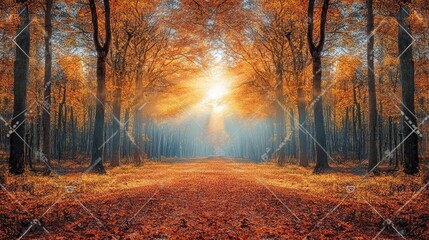 Obraz premium Autumnal sunbeams pierce a forest path.
