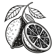 Stylized black and white illustration of a sliced lemon and an entire lemon adorned with leaves emphasizing citrus freshness and botanical