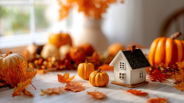 Thanksgiving autumn decoration with small pumpkins and orange leaves surrounding miniature house on table near window creating warm and cozy seasonal atmosphere