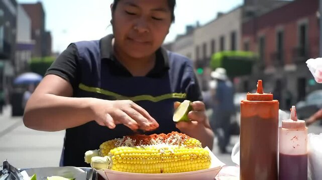 Street vendor prepares corn, city backdrop