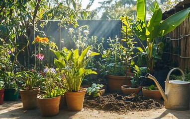 Sunlit Garden Scene with Potted Plants, Flowers, and Watering Can in a Backyard
