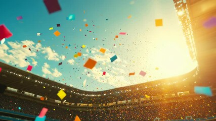 confetti falling in stadium celebration sunset sky colorful paper - Powered by Adobe