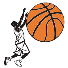 Fototapeta premium Dynamic basketball player in action making a shot with a large orange ball emphasizing sports intensity and athletic skill in mid-air movement