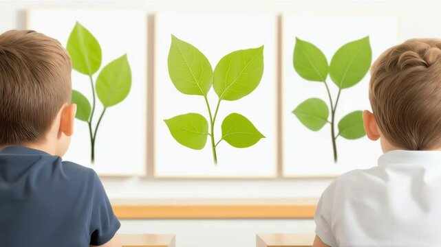 Children Engaged in Nature Study with Green Leaf Illustrations in Classroom Environment
