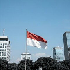 Indonesian Flag Waving Over City Skyline