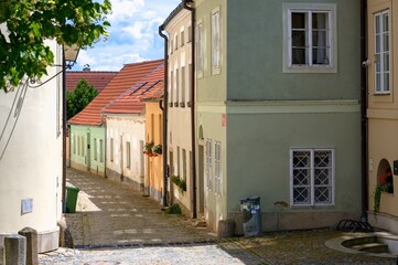 Telč, view of Seminarářská street, sunny, summer day