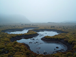 "A moody highland bog featuring scattered peat pools, reflective water trapped in uneven terrain, surrounded by saturated mosses and grass