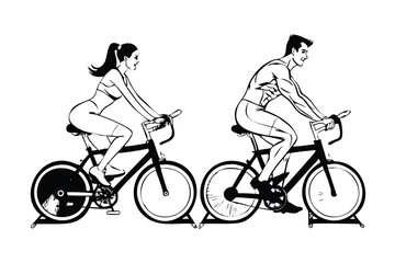 Naklejka premium Man and Woman in Spin Class in Pop Art Comic Style. Retro Vector Illustration of Indoor Cycling