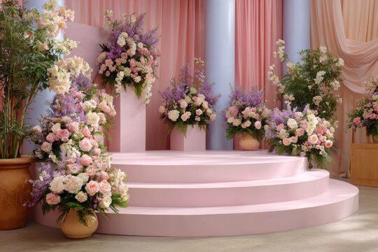 Elegant floral arrangements adorn a multi tiered pink stage with draped fabric and columns isolated on white background
