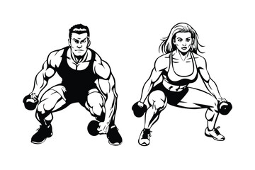 Man and Woman Doing Intense Workout in Pop Art Comic Style. Retro Vector Illustration of Gym Fitness