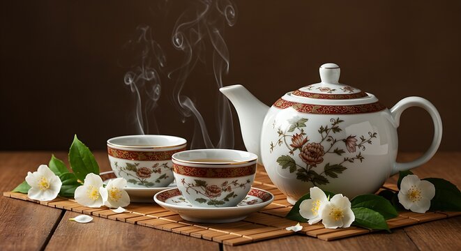 A still life featuring a small, ornate porcelain teapot and two matching cups, steaming gently, set on a bamboo mat with a scattering of delicate jasmine flowers. Soft morning light.