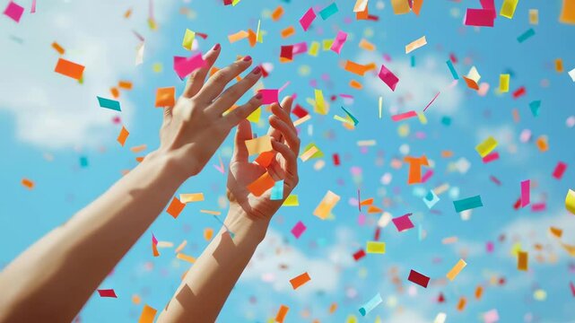 hands reaching up with falling confetti against blue sky celebration
