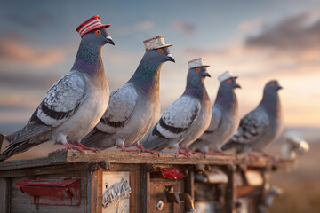 Realistic scene of a pigeon coop with several trained pigeons wearing small mail tubes, set against a rustic countryside backdrop.  © Mohdfaridzazhar