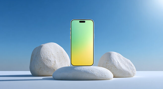 3D render of an Phone standing on a white round podium, with a blue and green background, bright studio lighting, minimalistic design