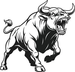 Illustration of an angry bull charging forward with its mouth open and horns in a black and white style on transparent background silhouette