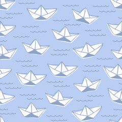 Cute white paper boats on blue seamless pattern. Origami boats. Abstract ship, sailboat background. Fabric, paper design.