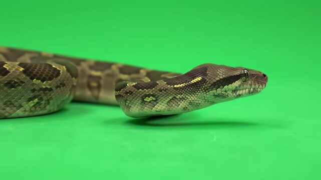 Brown and green patterned snake close-up on a vibrant green background, highlighting its scales and head.
