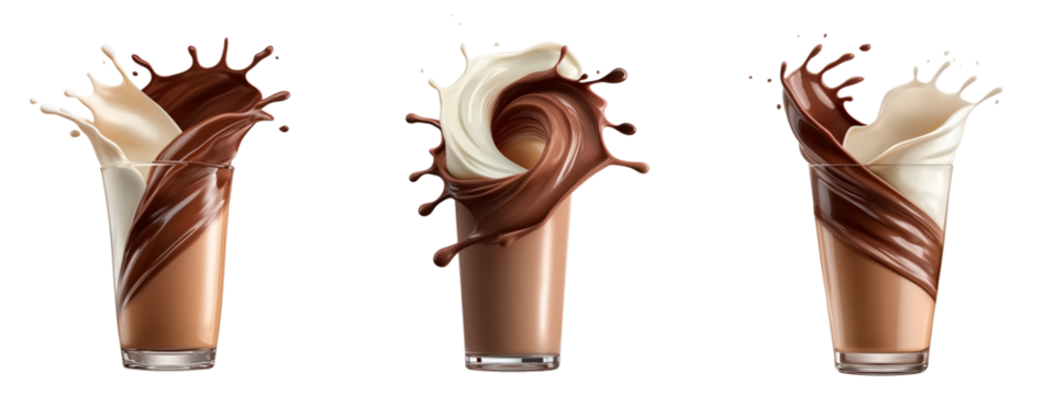 Chocolate milk and white milk swirling out of a glass on transparent background. For beverage branding, product packaging, or advertising design