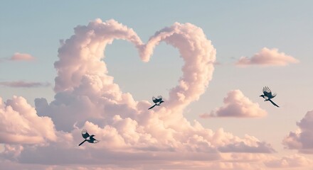 A whimsical, illustrative scene of stylized clouds forming abstract heart shapes in a soft pastel sky, with a few playful magpies flying through. The colors are gentle and dreamy. 
