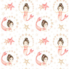 Little mermaid with gold stars seamless pattern. Watercolor Children's character illustration pastel colors, isolated on white background. Kids design for textile, stationary, packaging, wallpaper