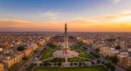 Aerial view of Minar-e-Pakistan amidst a beautiful cityscape at sunset, Lahore, Punjab, Pakistan.