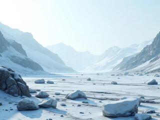 "A glacial valley filled with broken ice chunks and scattered stone debris left by retreating glaciers, layers of gray-blue ice and mud, mountain ridges in the background under a cold clear sky."