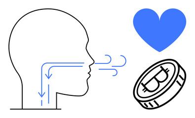 Profile of a human head illustrating airflow, blue heart symbolizing emotions, and a Bitcoin coin highlighting digital economy. Ideal for health, inspiration, finance, technology, well-being