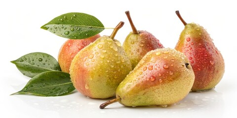 Fototapeta premium Ripe Pears with Water Droplets and Green Leaves on White Background,Fruit ,Freshness