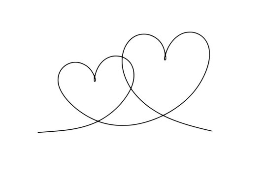 Two intertwined hearts one line art design isolated on white
