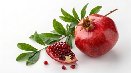 Ripe Pomegranate Still Life with Seeds and Leaves, Fruit, HealthyEating