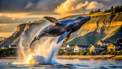 Breaching humpback whale ocean spray cliffs image