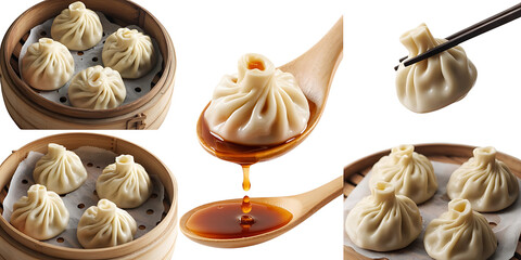 Fototapeta premium Delicious steamed dumplings with soy sauce and chopsticks