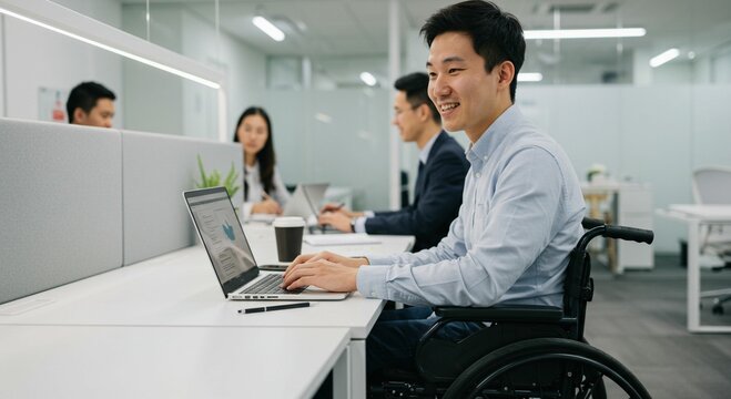 Wheelchair user working on laptop in office