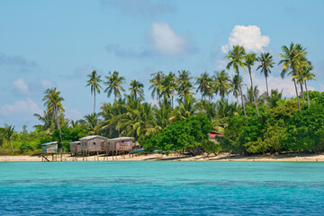 Malaysia. A view of the shore of a reef island with coconut palms and the huts of a sea gypsy...