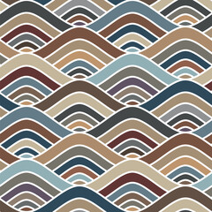 Seamless abstract geometric pattern with a sea waves design composed of multicolored curved stripes in a retro and colorful style. Vector illustration suitable for wrapping, wallpaper, and textiles.