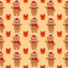 Seamless Christmas Bear Pattern &ndash; Cute Festive Santa Bear with Gift Box, Digital Repeat Background for Wrapping Paper and Fabric