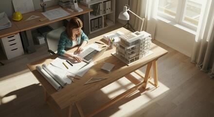 Woman architect working on plans