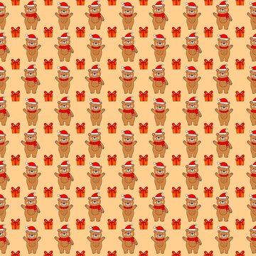 Seamless Christmas Bear Pattern &ndash; Cute Festive Santa Bear with Gift Box, Digital Repeat Background for Wrapping Paper and Fabric