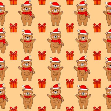 Seamless Christmas Bear Pattern &ndash; Cute Festive Santa Bear with Gift Box, Digital Repeat Background for Wrapping Paper and Fabric