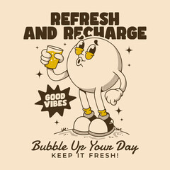 Retro Cartoon Drink Character Illustration with Refresh and Recharge Slogan