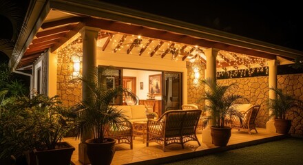 Cozy Tropical Villa Patio Evening Relaxation Under String Lights and Lush Greenery
