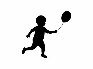 A simple, black silhouette of a child running while holding a balloon.
