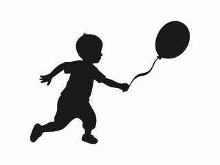 A simple, black silhouette of a child running while holding a balloon.