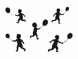 Silhouettes of children running and playing with balloons against a plain white background.